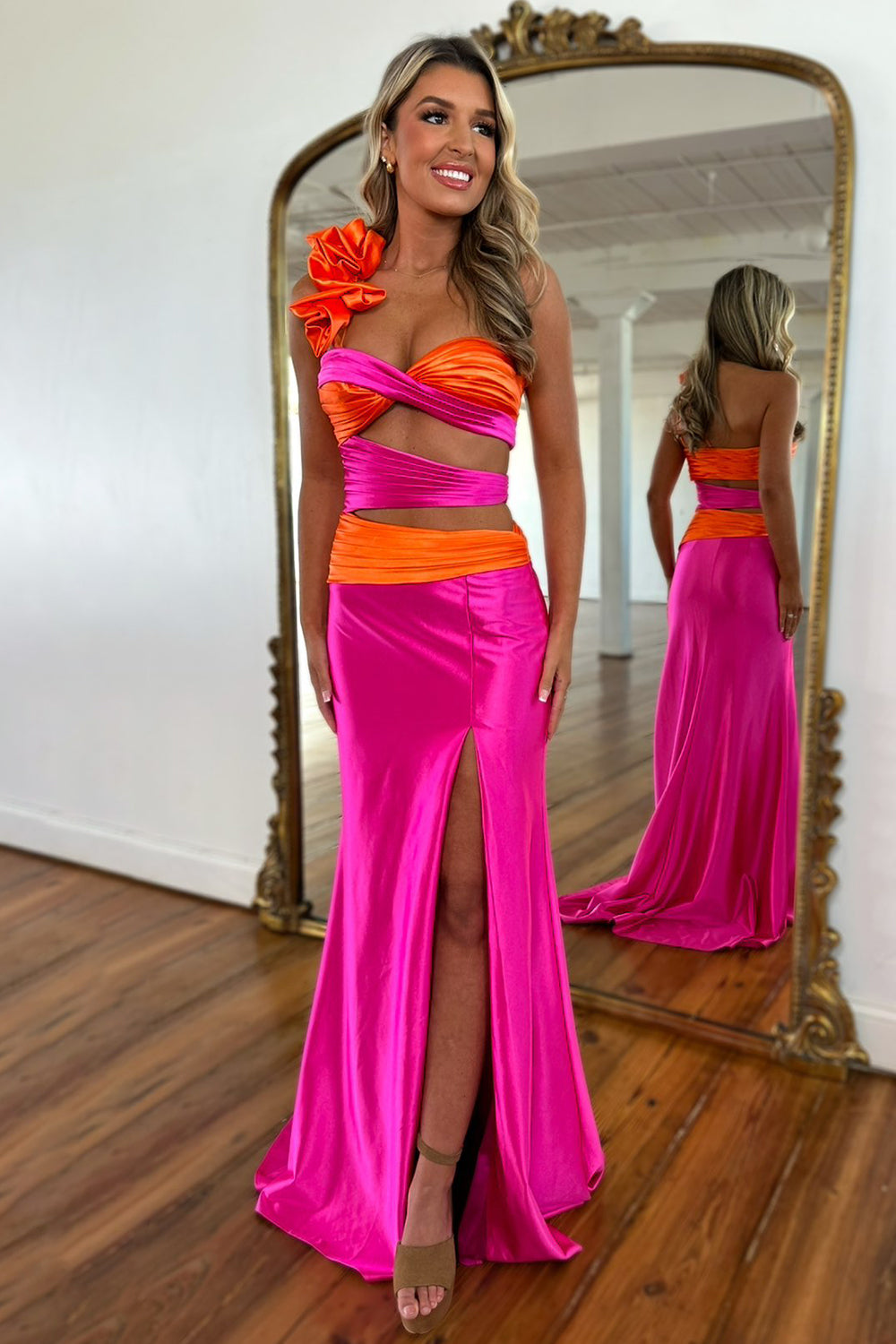 Stylish Hot Pink One-Shoulder Satin Mermaid Prom Dress with Waist Cutouts and Slit
