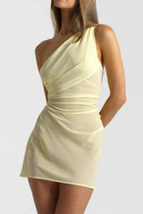Stylish Light Yellow One shoulder Ruched Bodycon Homecoming Mini Dress