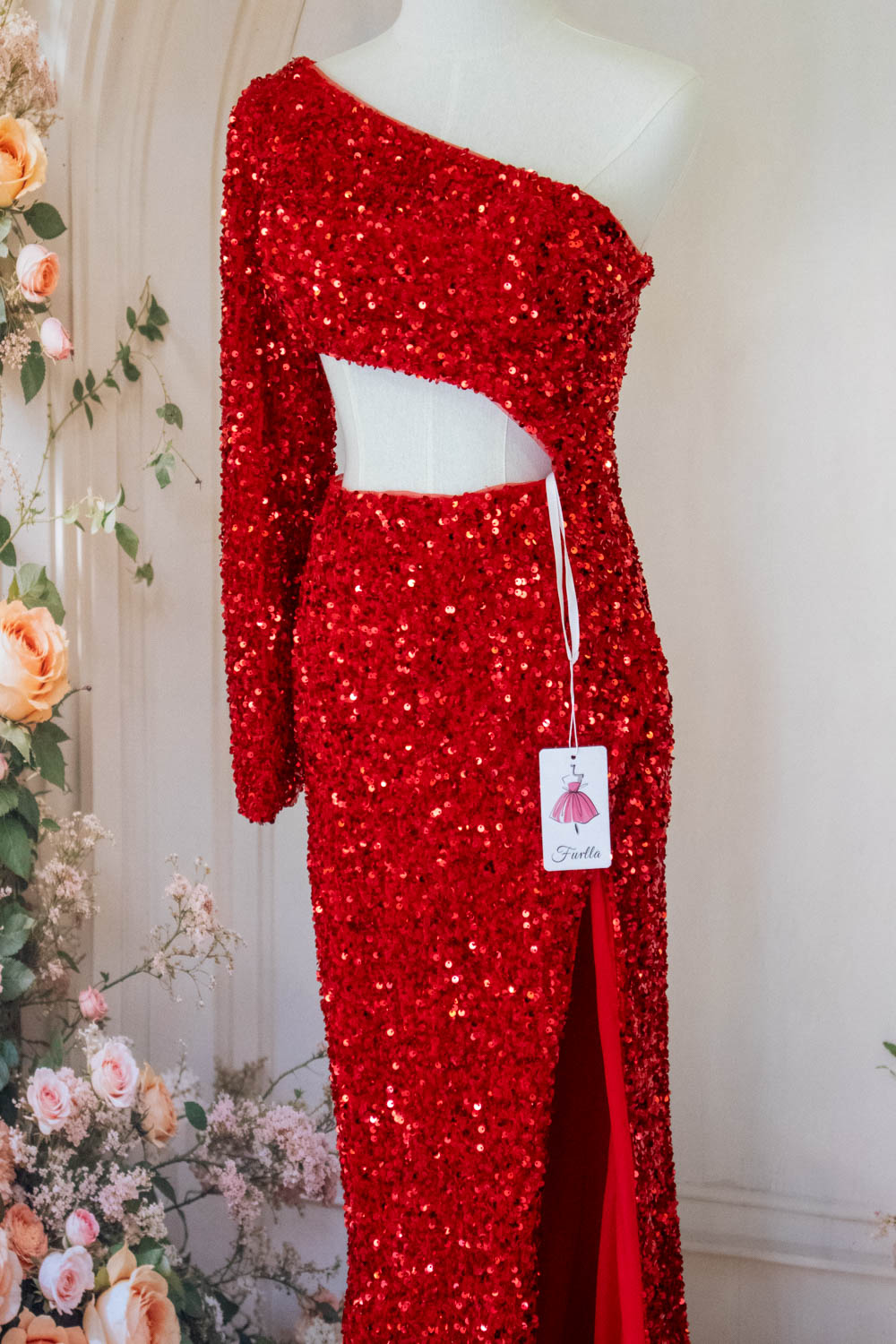 Stylish Mermaid One Shoulder Red Sequins Long Prom Dress with Keyhole