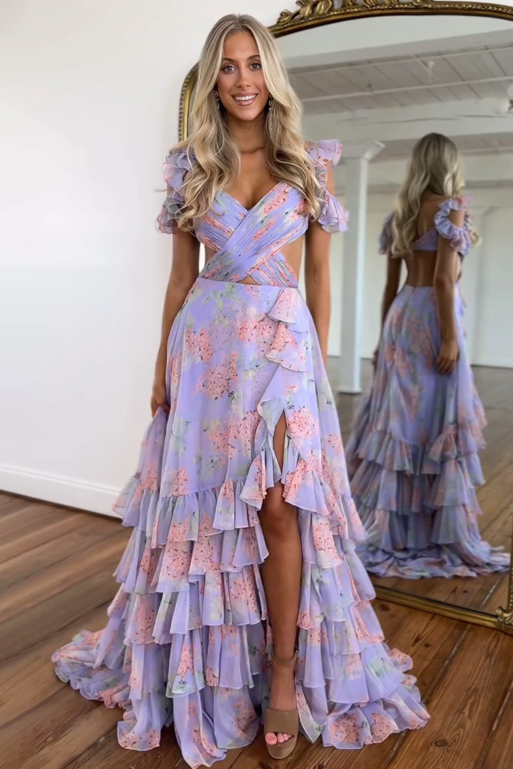 Furlla Women Stylish Purple Print A Line Off The Shoulder Long Layered Prom Dress with Slit – Furlla Official