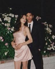 Stylish A Line Halter Neck Light Pink Short Homecoming Dress with Ruched Pearls
