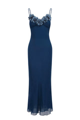 Stylish Sheath Spaghetti Straps Navy Blue Long Party Dress with Flowers