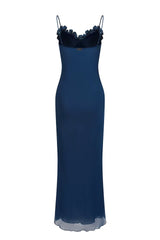 Stylish Sheath Spaghetti Straps Navy Blue Long Party Dress with Flowers