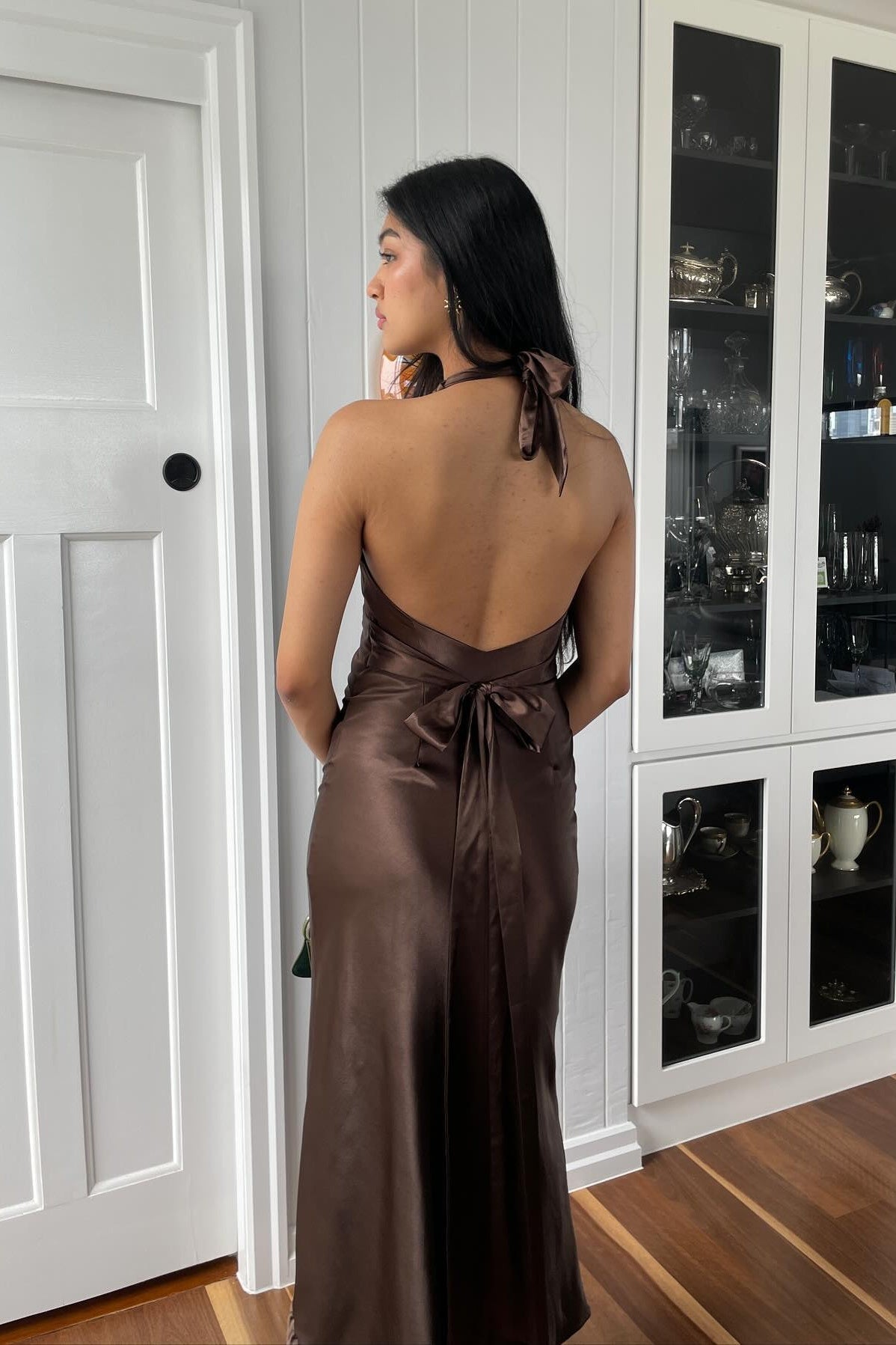 Stylish Sheath V Neck Green Long Party Dress with Open Back Bowknot