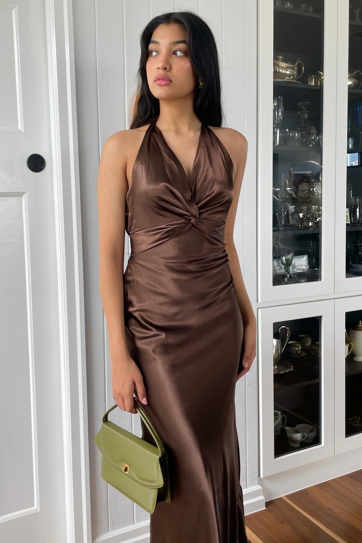 Stylish Sheath V Neck Green Long Party Dress with Open Back Bowknot