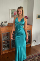 Stylish Sheath V Neck Green Long Party Dress with Open Back Bowknot