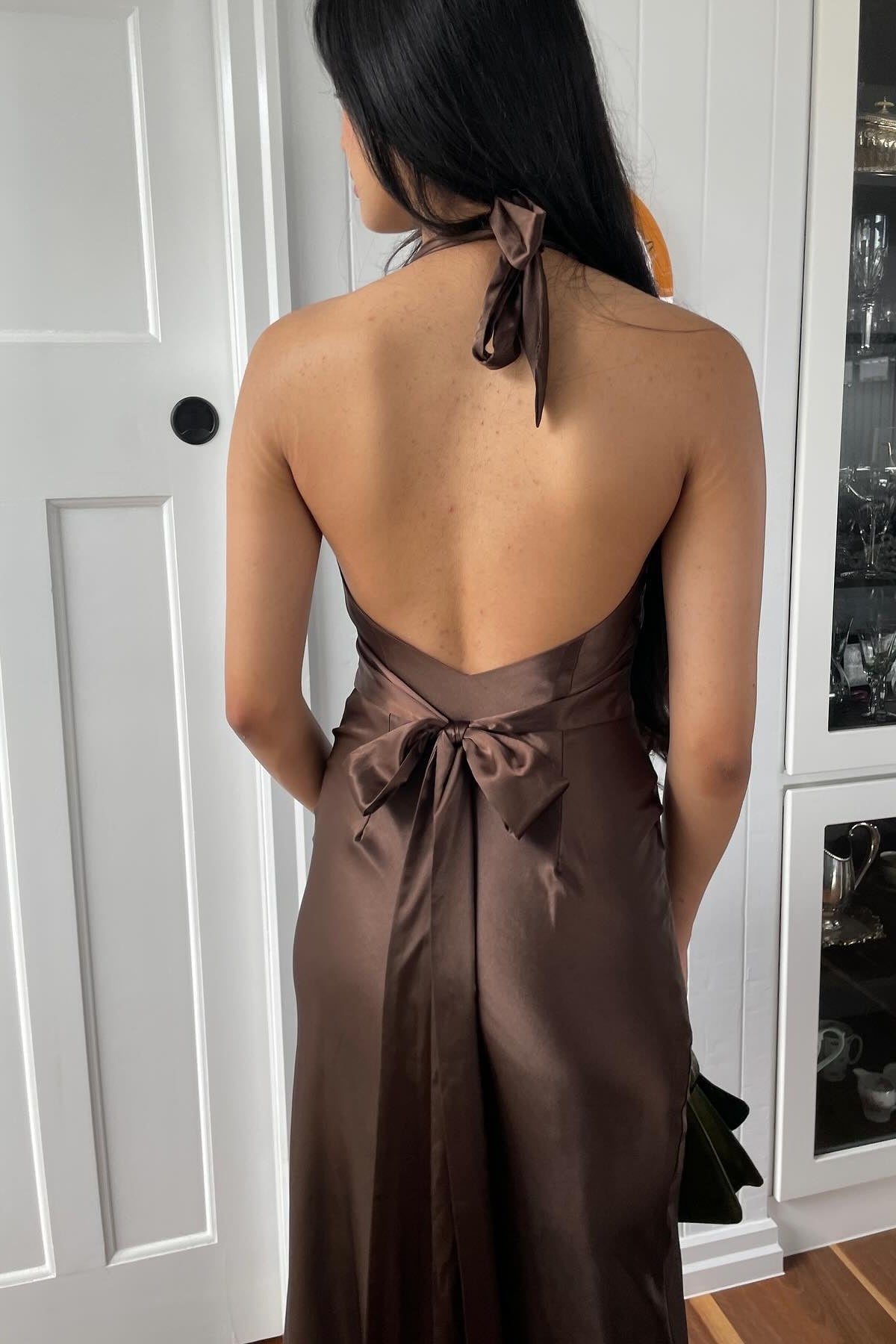 Stylish Sheath V Neck Green Long Party Dress with Open Back Bowknot