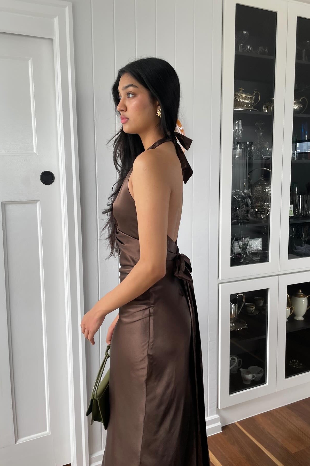 Stylish Sheath V Neck Green Long Party Dress with Open Back Bowknot