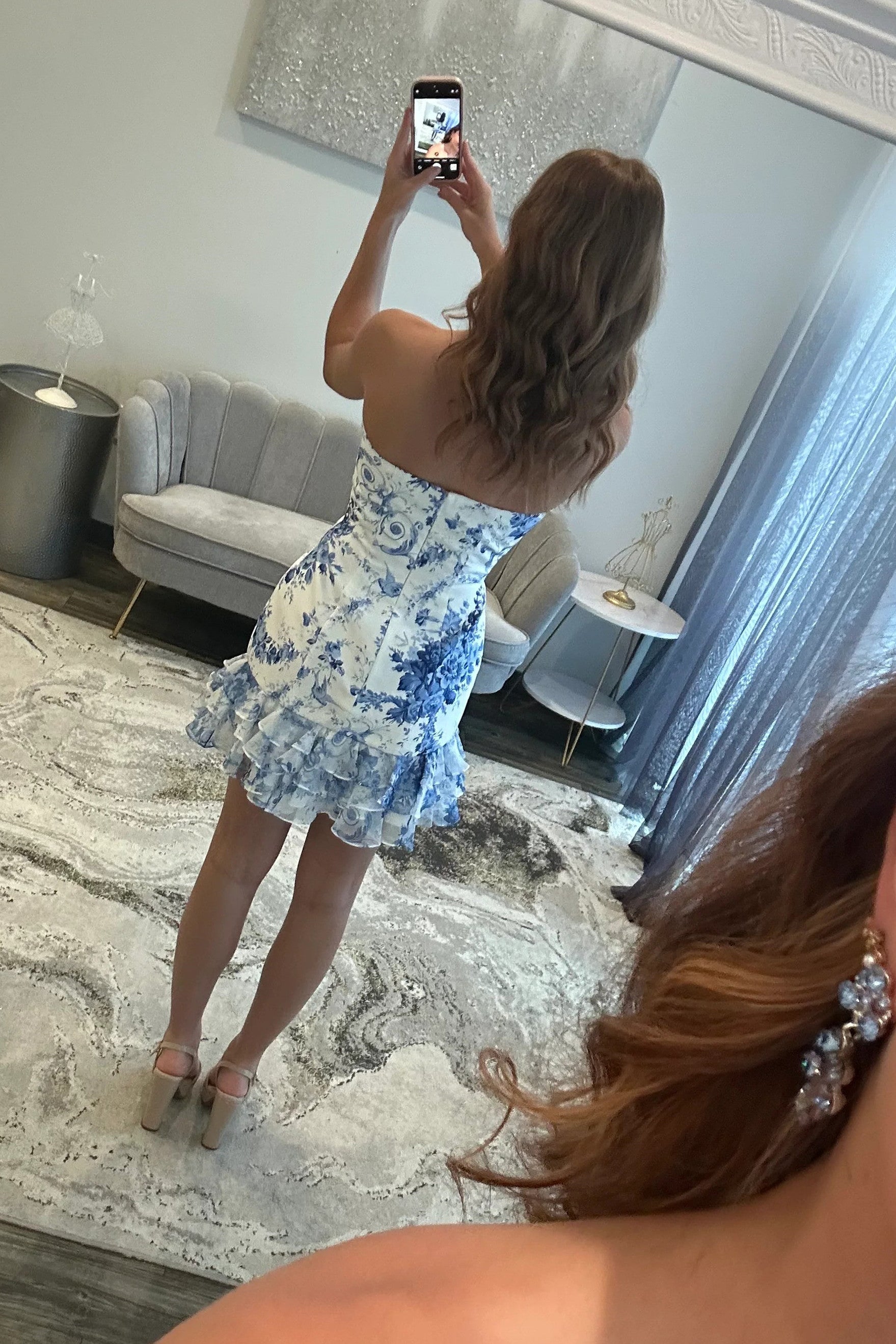 Stylish Strapless Floral Print Homecoming Dress with Bowknot and Ruffle Hem