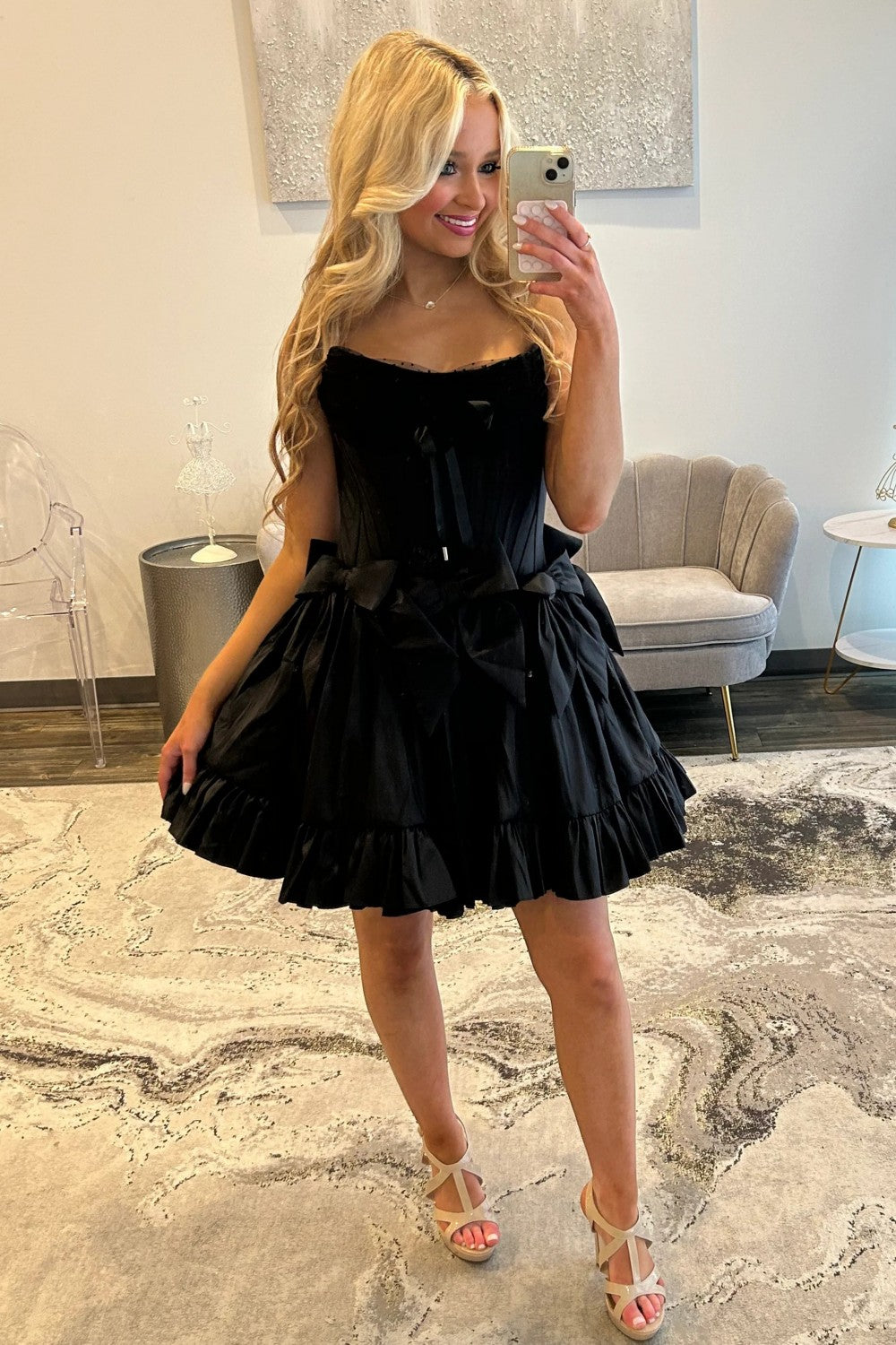Sweet Pink Strapless Corset Homecoming Dress with Bows and Ruffle Hem