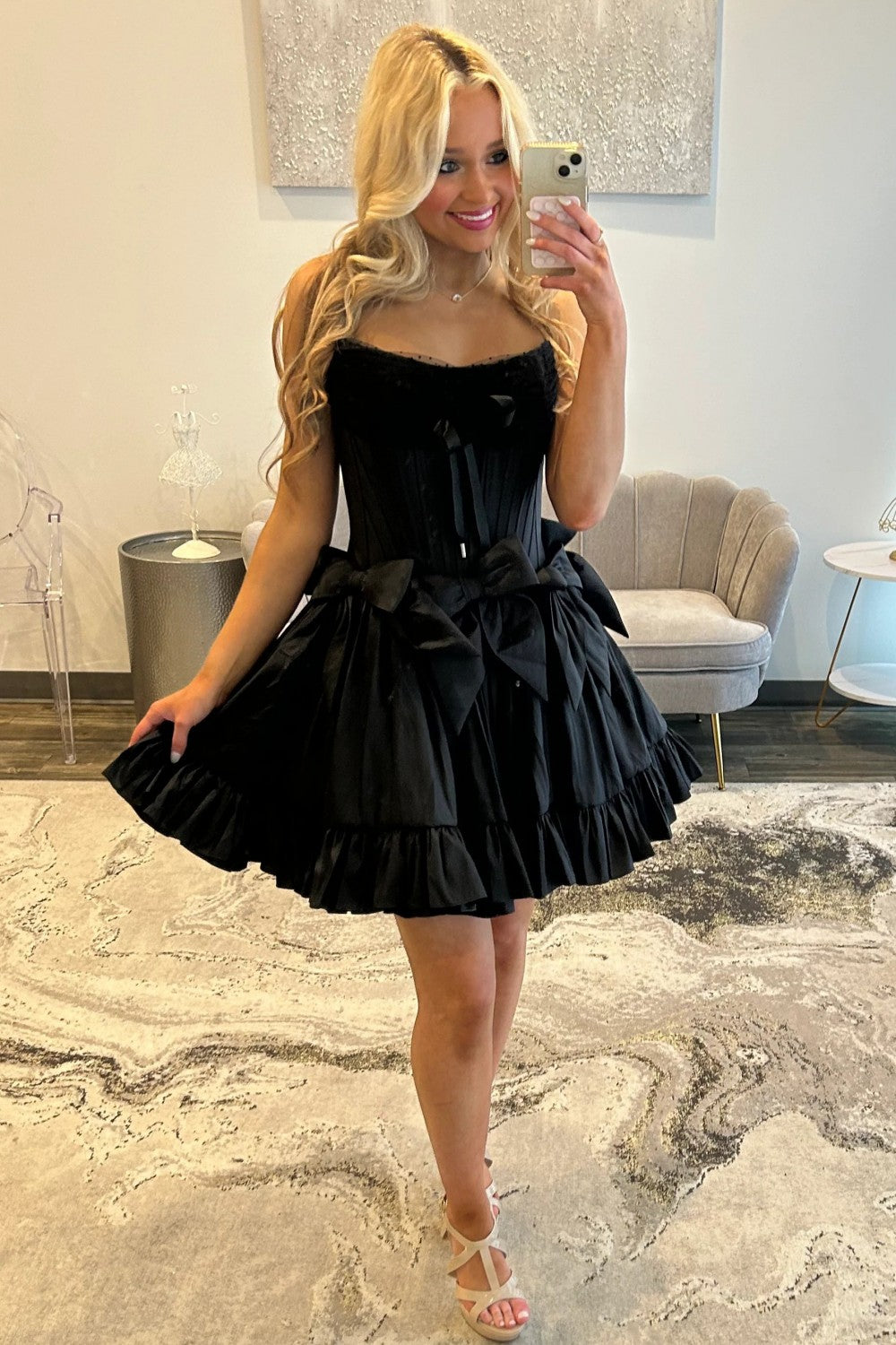 Sweet Pink Strapless Corset Homecoming Dress with Bows and Ruffle Hem
