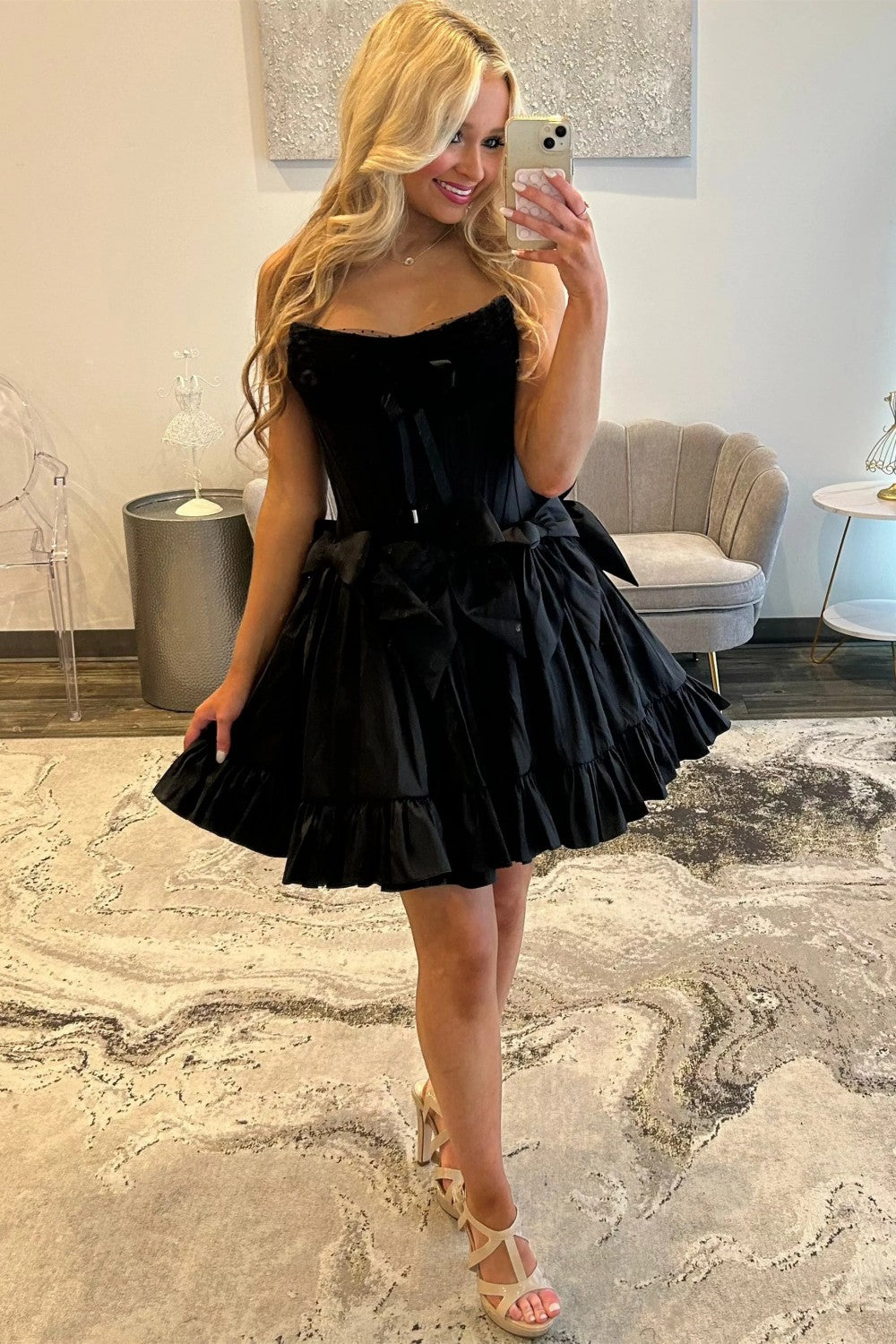 Sweet Pink Strapless Corset Homecoming Dress with Bows and Ruffle Hem