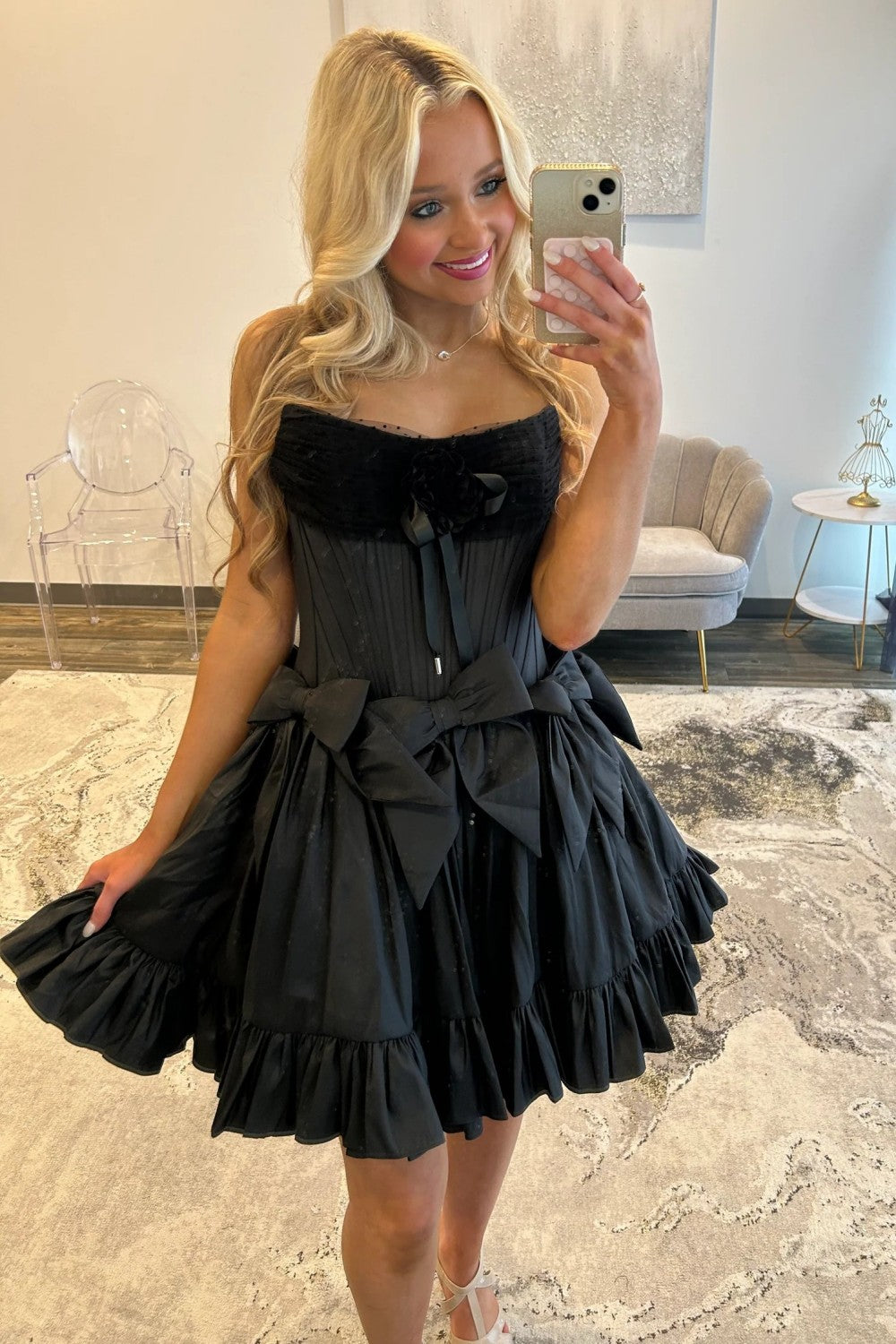 Sweet Pink Strapless Corset Homecoming Dress with Bows and Ruffle Hem