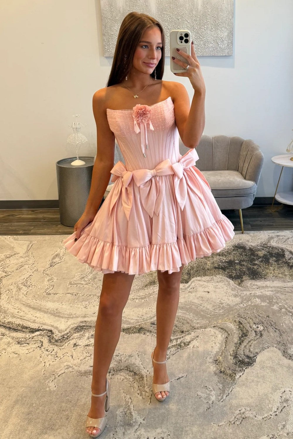Furlla Women Sweet Pink Strapless Corset Homecoming Dress with Bows and Ruffle Hem Furlla Official Furlla Women Sweet Pink Strapless Corset Homecoming Dress with Bows and Ruffle Hem Furlla Official