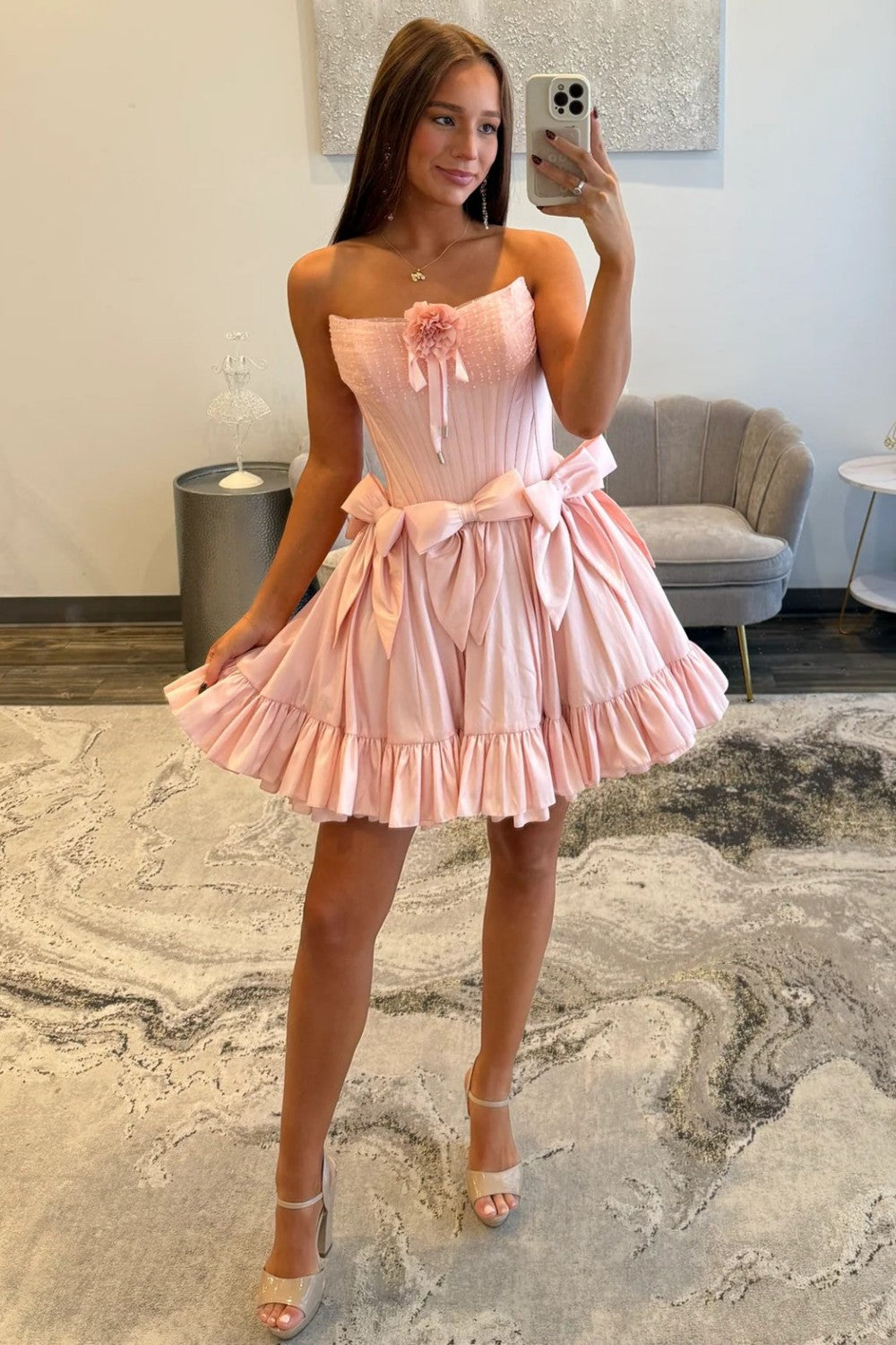 Sweet Pink Strapless Corset Homecoming Dress with Bows and Ruffle Hem