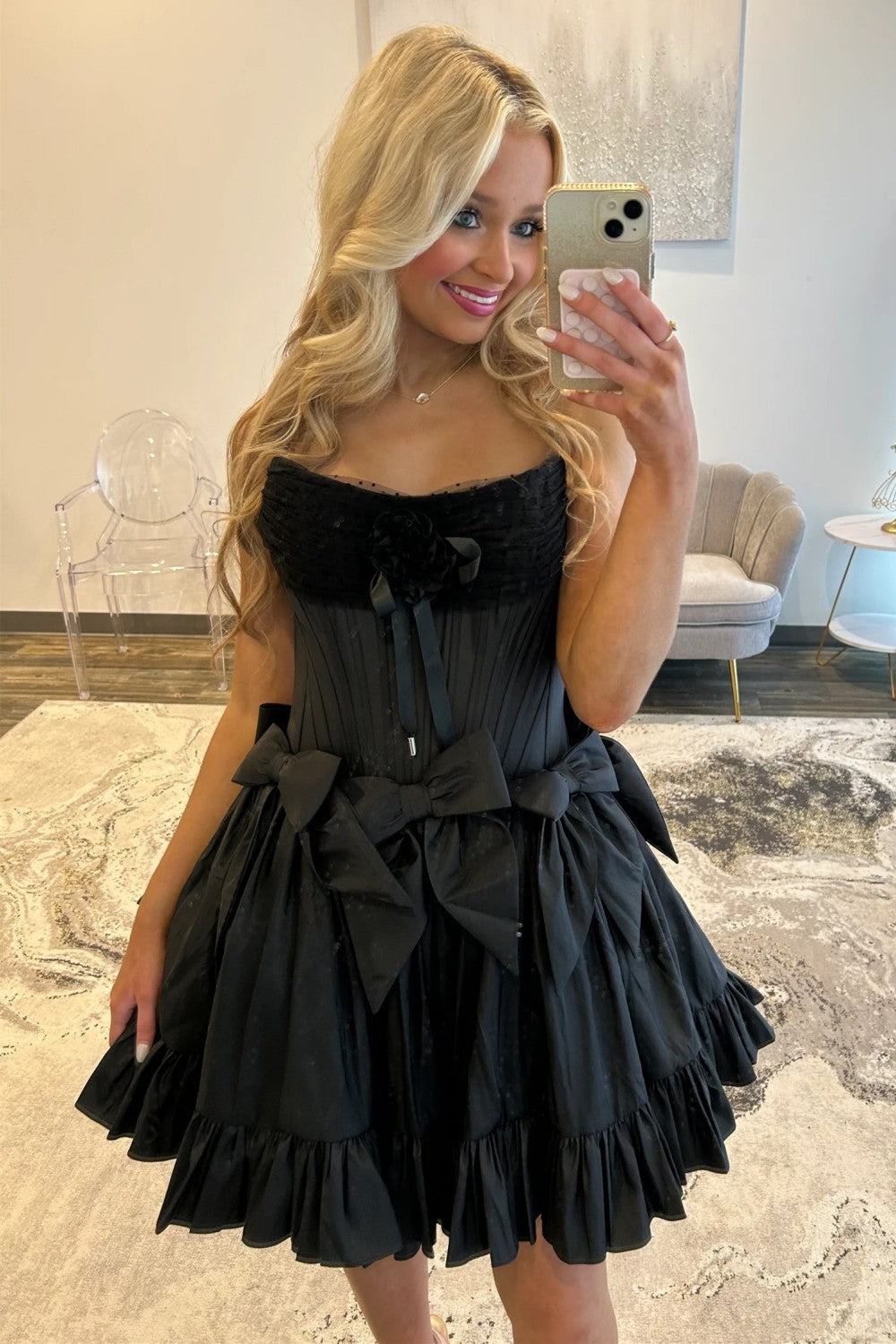 Sweet Pink Strapless Corset Homecoming Dress with Bows and Ruffle Hem