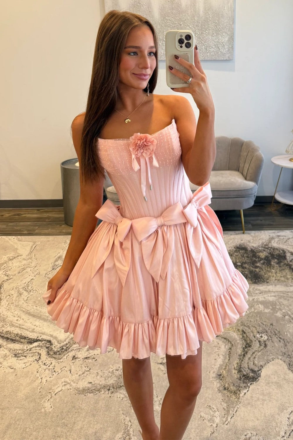 Sweet Pink Strapless Corset Homecoming Dress with Bows and Ruffle Hem