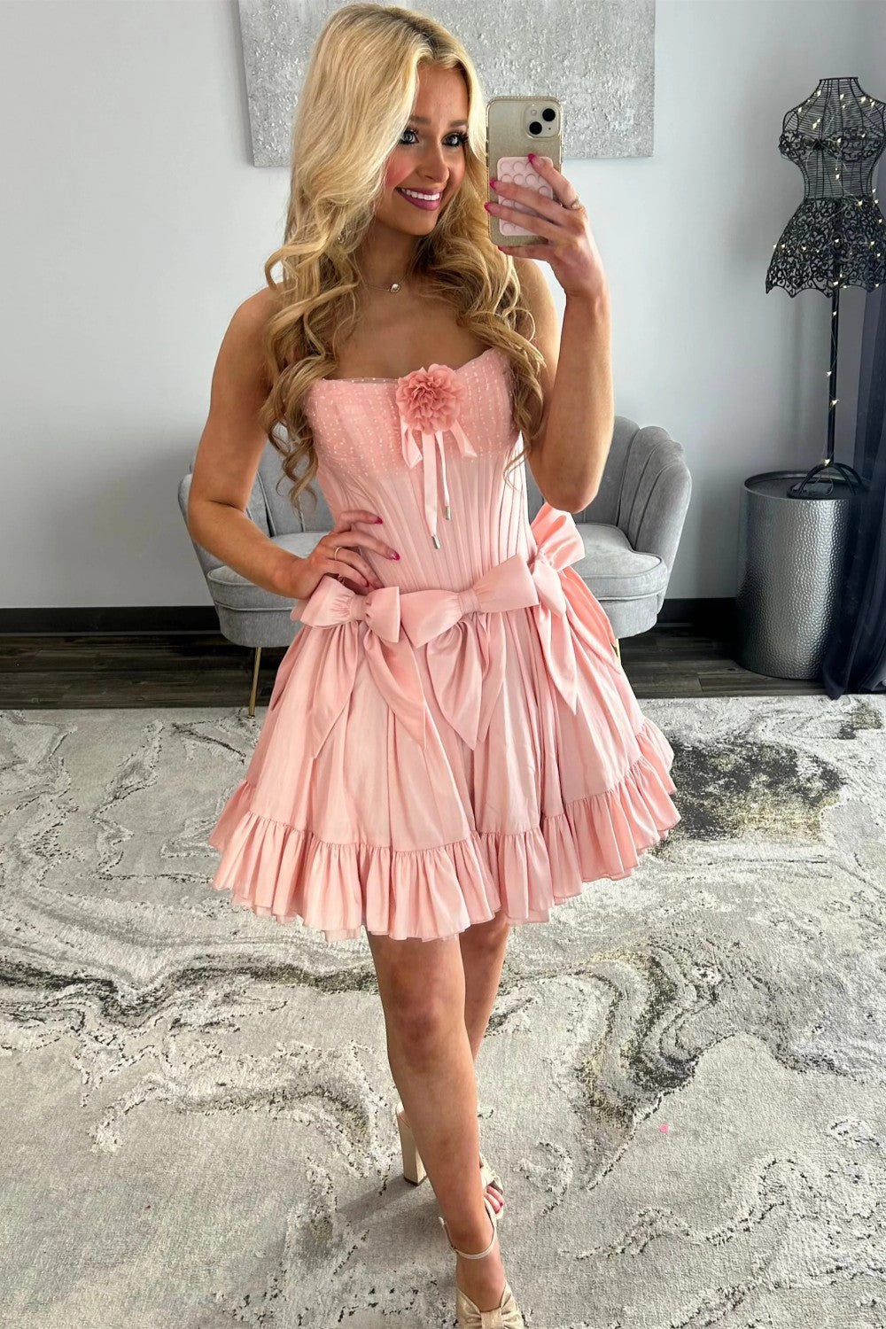 Sweet Pink Strapless Corset Homecoming Dress with Bows and Ruffle Hem