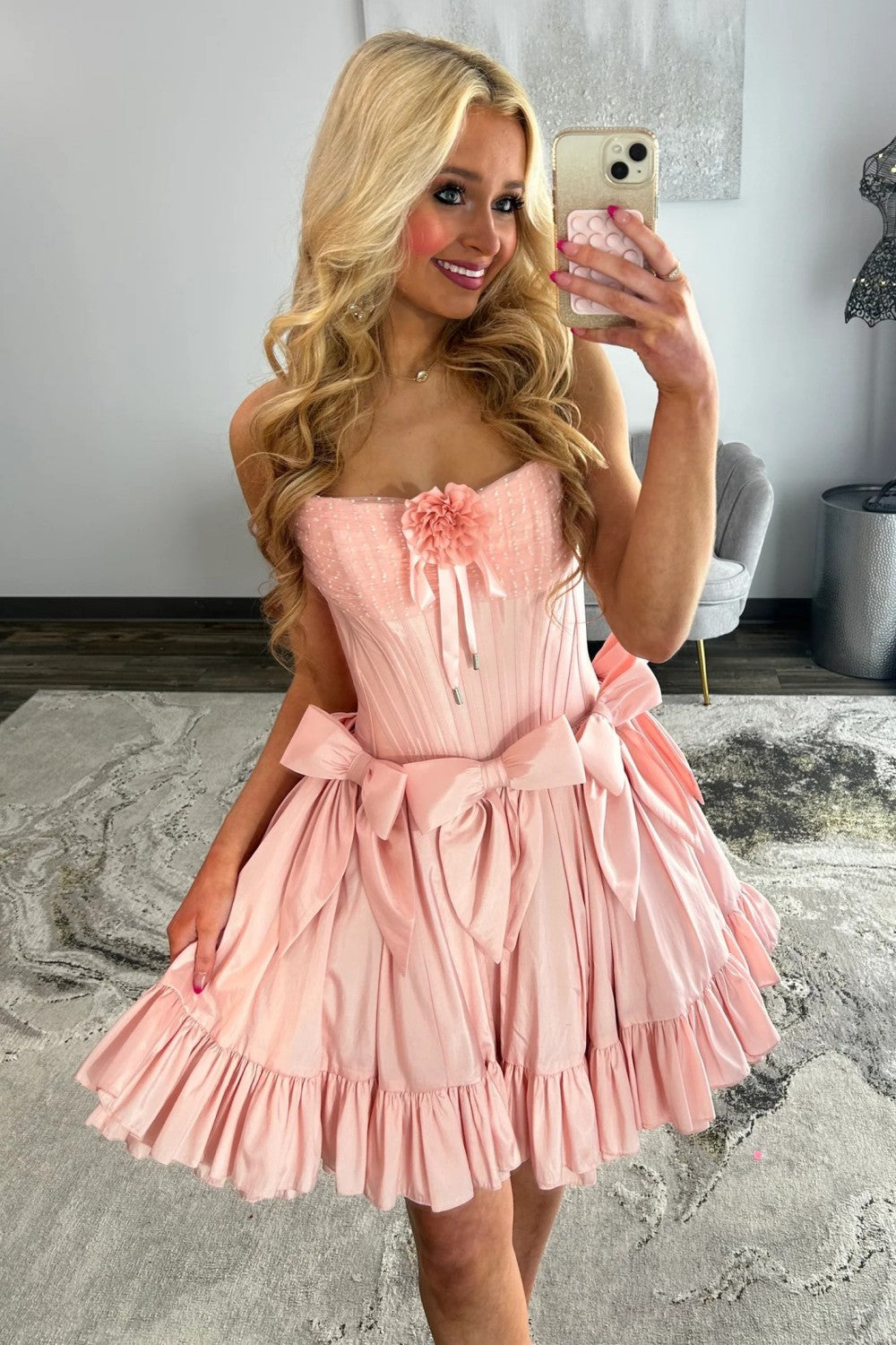 Sweet Pink Strapless Corset Homecoming Dress with Bows and Ruffle Hem