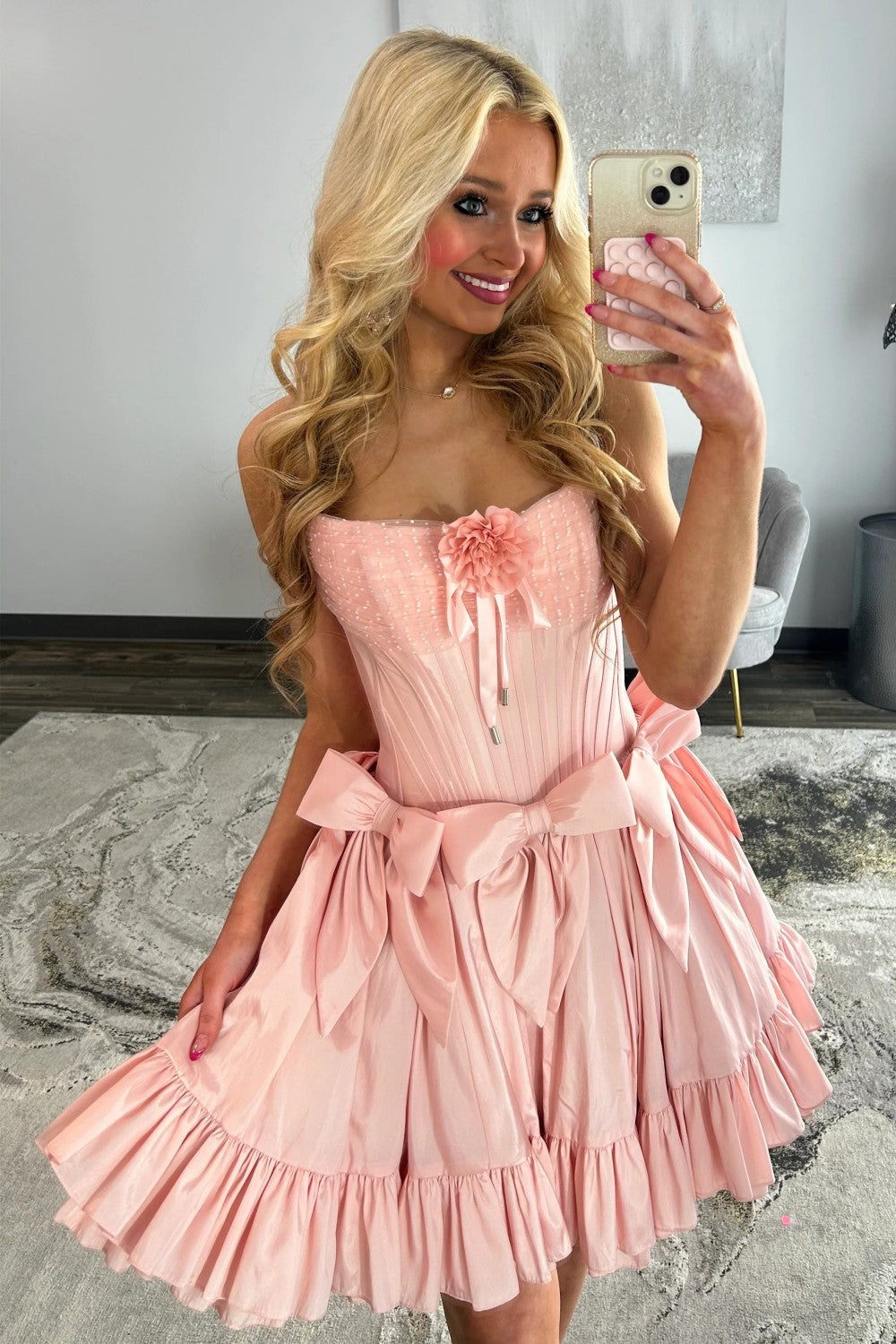 Sweet Pink Strapless Corset Homecoming Dress with Bows and Ruffle Hem