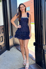 Sweet Tulle Short Homecoming Dress with Square Neck Pearl Details and Tiered Skirt