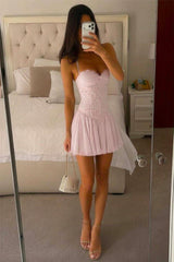 Sweet Lace Corset Spaghetti Straps Short Homecoming Dress with Chiffon Skirt