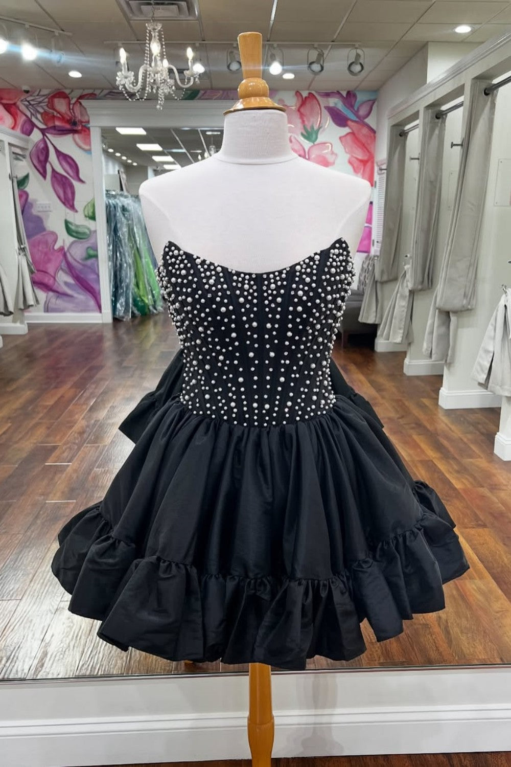 Sweet Pink A-Line Strapless Short Satin Homecoming Dress with Pearls