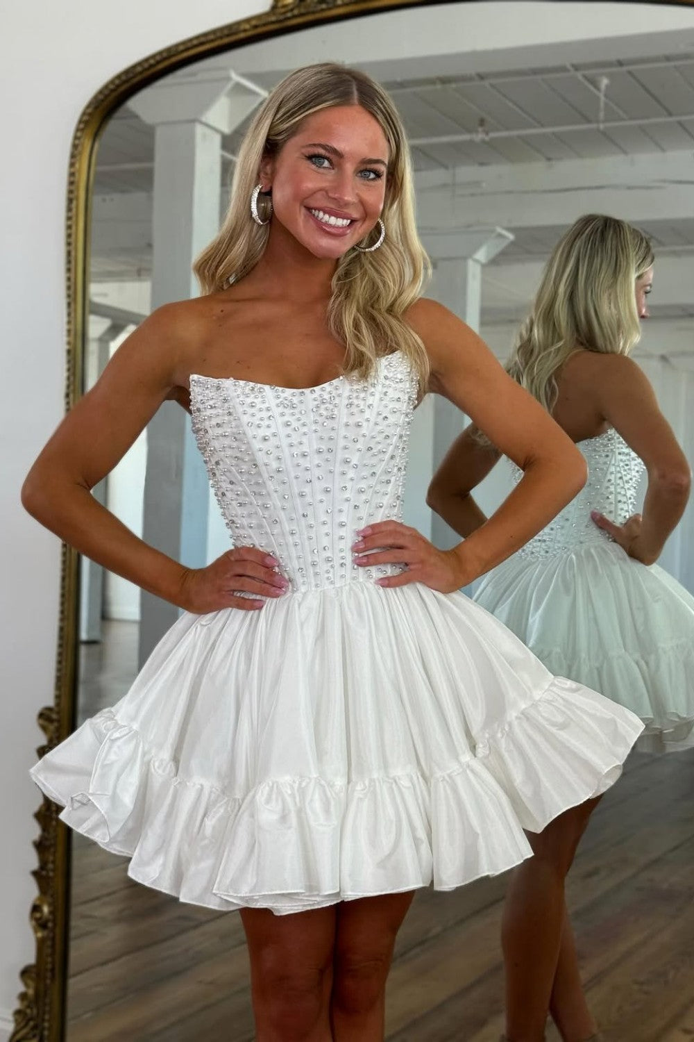 Sweet Pink A-Line Strapless Short Satin Homecoming Dress with Pearls