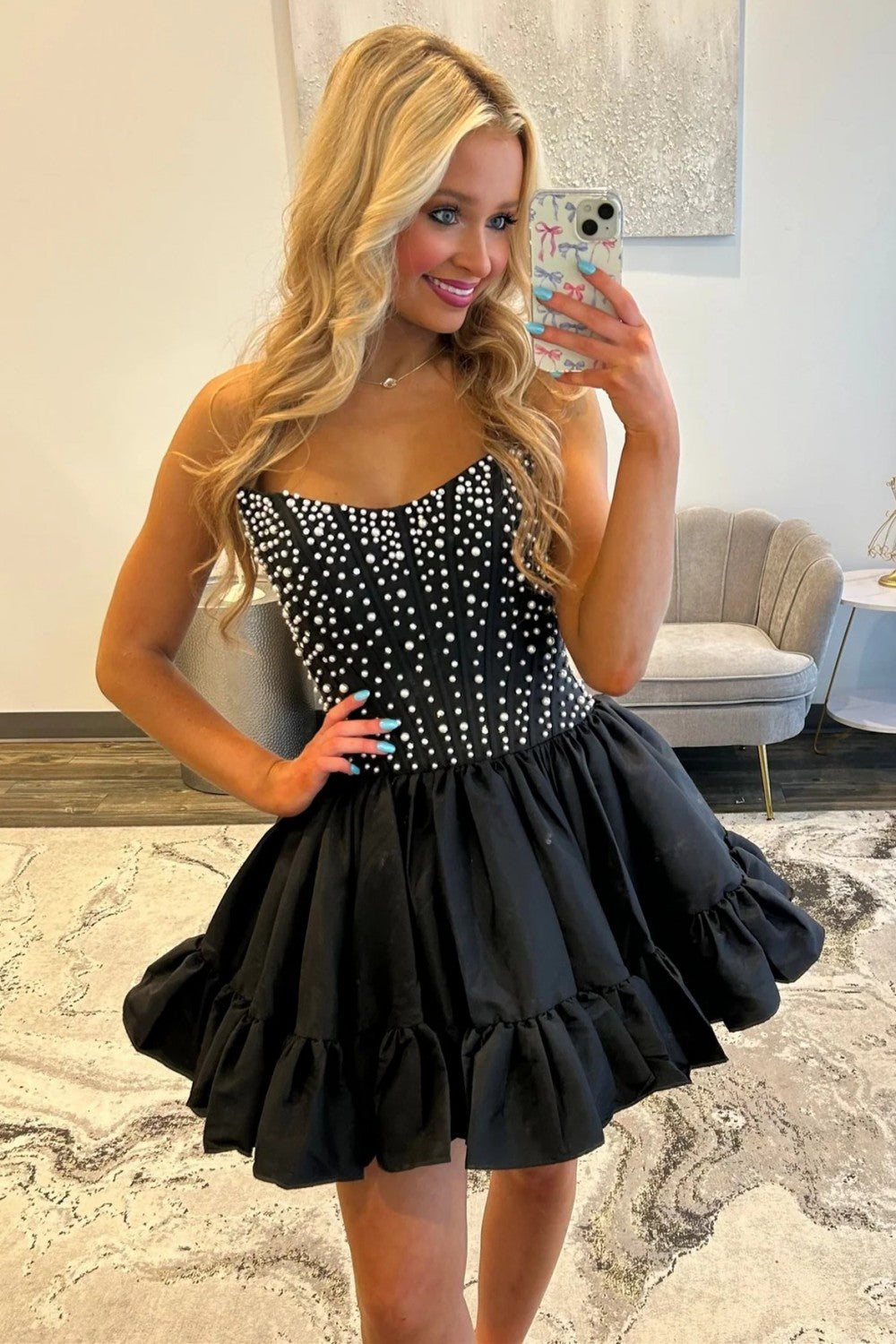 Sweet Pink A-Line Strapless Short Satin Homecoming Dress with Pearls