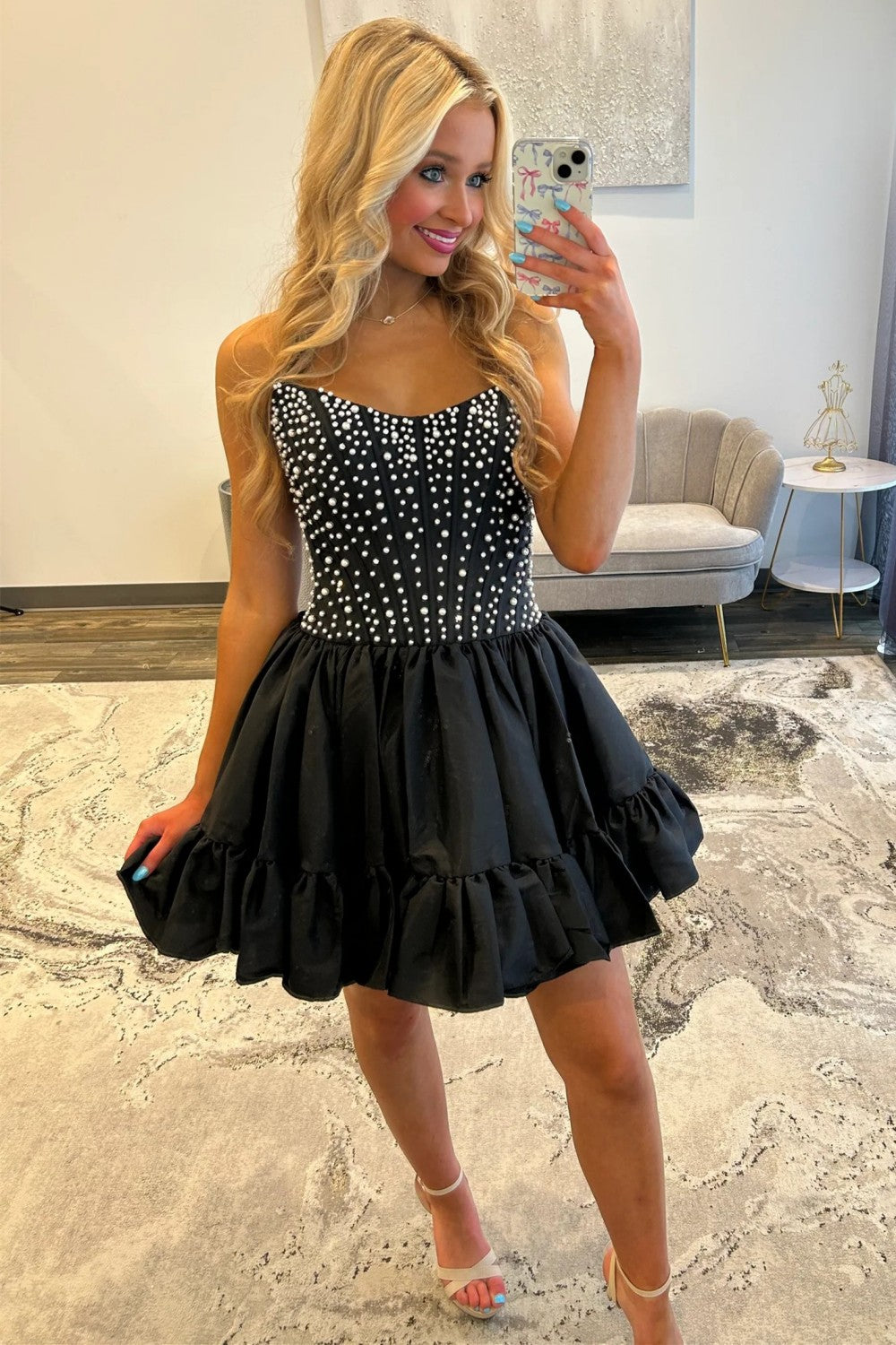 Sweet Pink A-Line Strapless Short Satin Homecoming Dress with Pearls