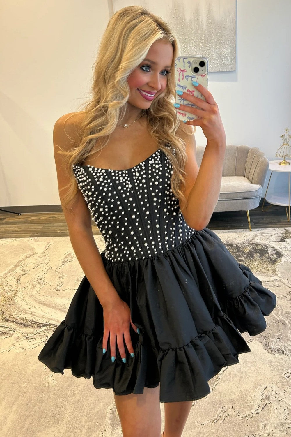 Sweet Pink A-Line Strapless Short Satin Homecoming Dress with Pearls