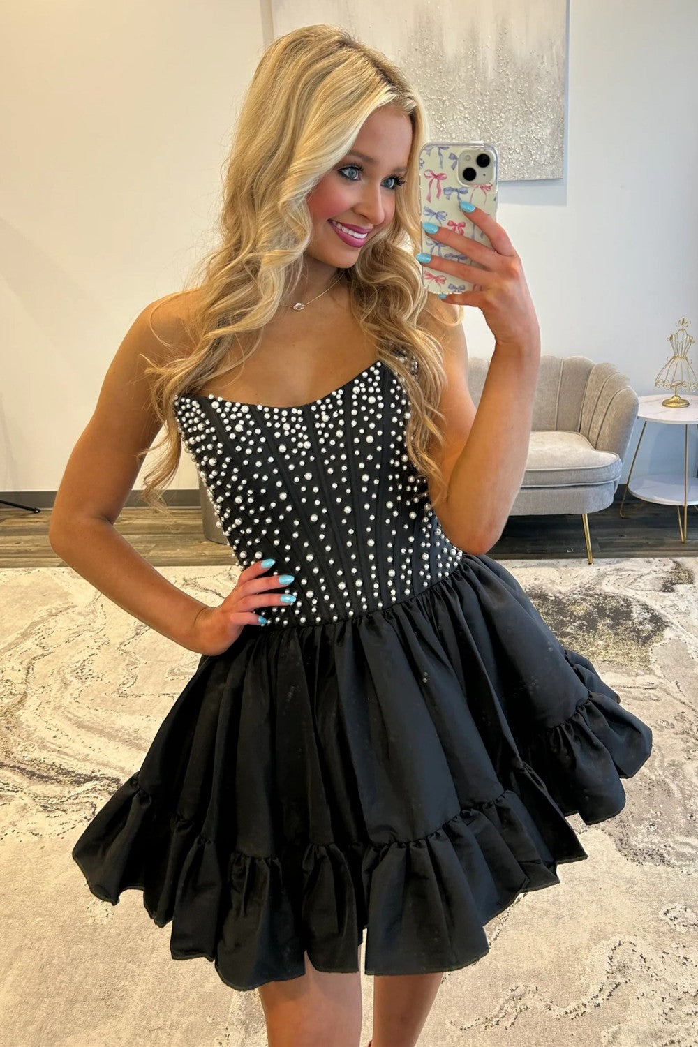 Sweet Pink A-Line Strapless Short Satin Homecoming Dress with Pearls