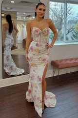 Sweetheart Mermaid Floral Beaded Corset Prom Dress with High Slit