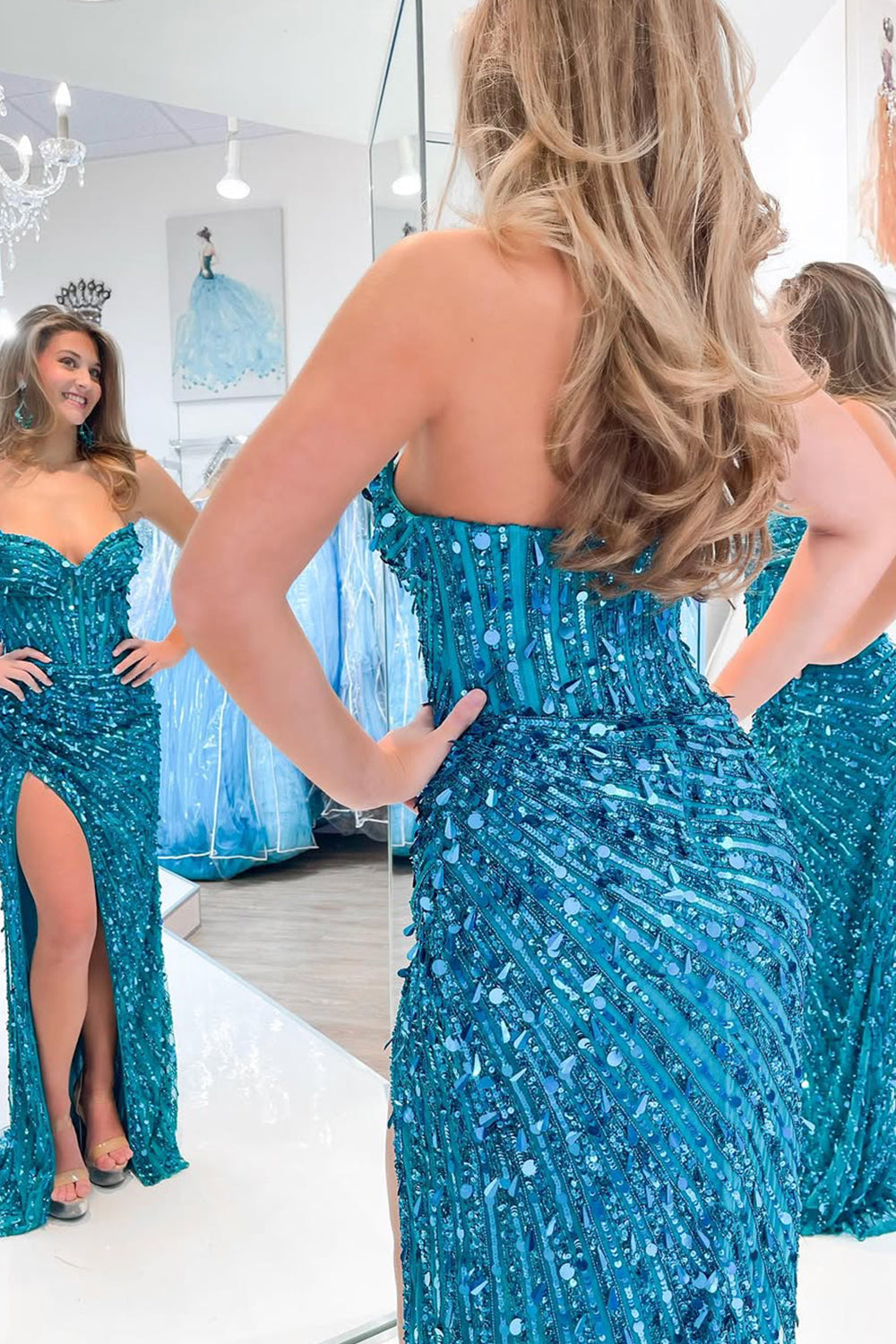 Sweetheart Mermaid Sequins Prom Dress with High Slit Skirt