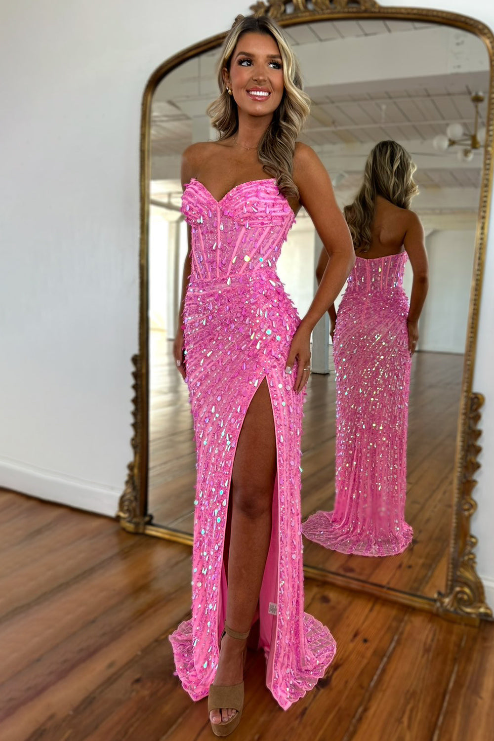popular sweetheart beaded neckline high split sequin prom dresses Long Beaded Prom Dress with Long Sleeves Hunter Green / XLarge
