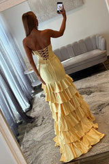 Sweetheart Yellow Lace Up Ruffled High-Slit Satin Mermaid Prom Dress
