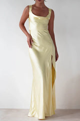 Sweety Satin Square Neck Yellow Long Prom Dress with Criss Cross Back