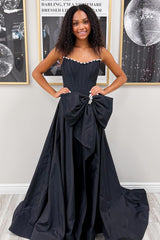 Sweety A Line Strapless Black Long Prom Dress with Bowknot Pearls