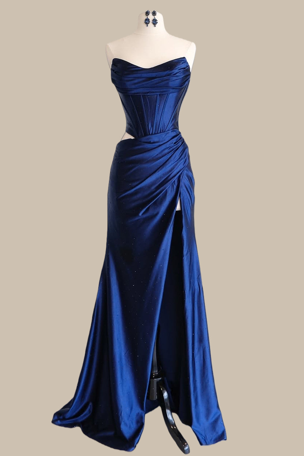 Timeless Navy Blue Satin Prom Evening Dress with Side Cutout Detail