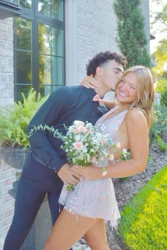 Trendy A Line Halter Neck Light Grey Short Homecoming Dress with Sequins