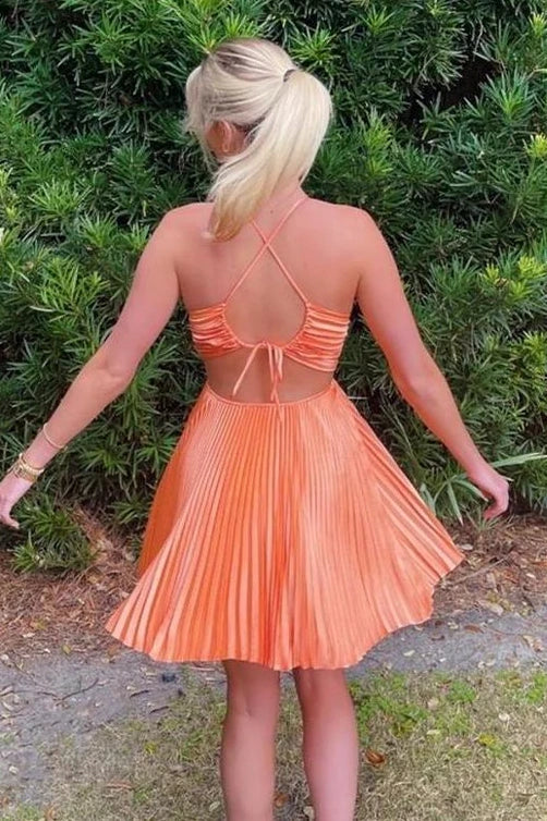 Stylish A Line Spaghetti Straps Orange Short Homecoming Dress with Open Back
