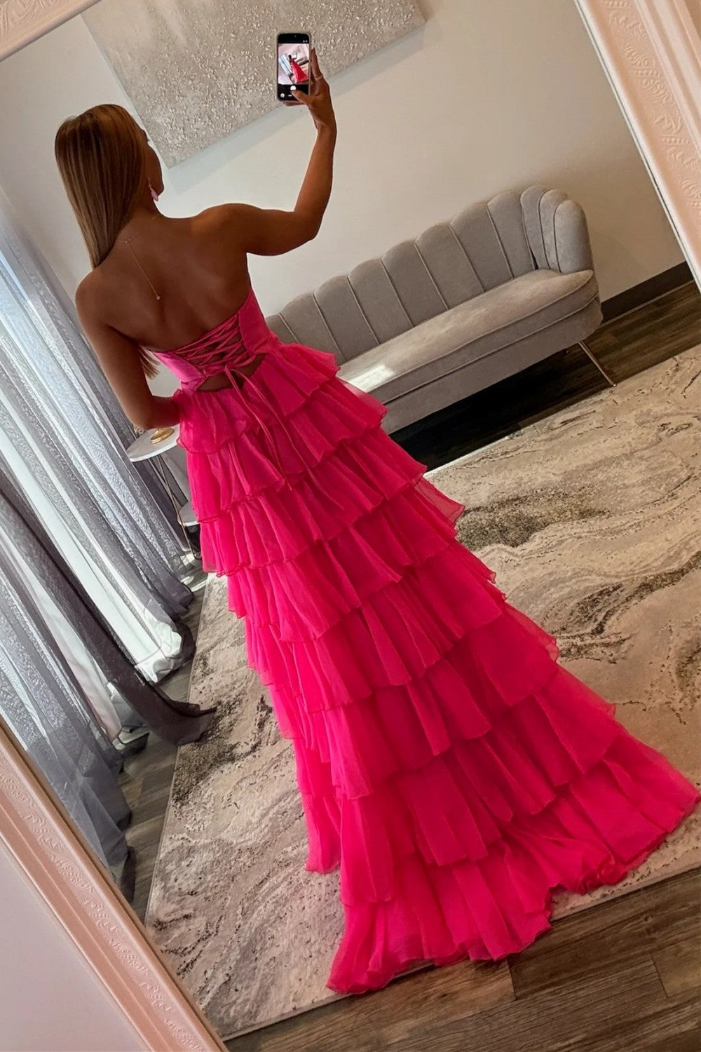 hot pink ruffle prom dress pink prom dress with ruffles Sweetheart Lace Chiffon Corset Long Prom Dresses Ruffle PSK526 US0 / Hot Pink