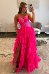 Trendy A Line Sweetheart Hot Pink Long Prom Dress with Ruffles Keyhole