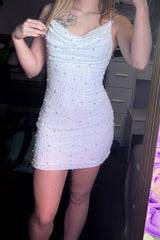 Trendy Fitted Mini Homecoming Dress with Ruched Bodice and Pearl Accents