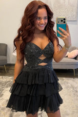 Trendy Homecoming Dress with Beaded Bodice and Layered Ruffle Skirt