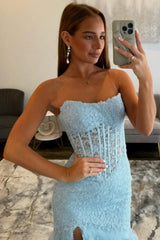 Trendy Light Blue Strapless Lace Corset Mermaid Prom Dress with Slit