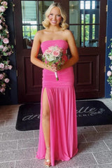Trendy Mermaid Strapless Hot Pink Long Prom Dress with Split Front Ruffles