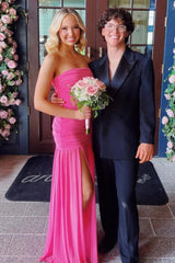 Trendy Mermaid Strapless Hot Pink Long Prom Dress with Split Front Ruffles