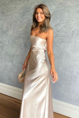 Trendy Sheath Strapless Light Champagne Long Party Dress with Ruched