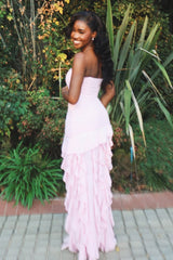 Trendy Sheath Strapless Pink Long Party Dress with Split Front Ruffles